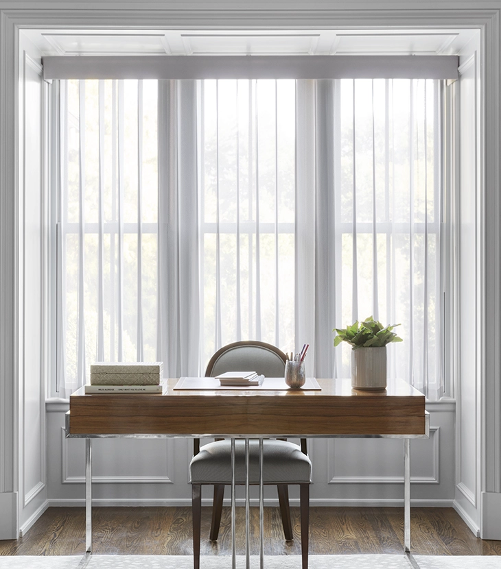 Vertical sheers allow filtered light and partial view behind a modern desk in a bright home office.