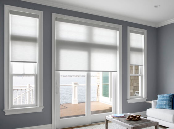 Light-filtering roller shades, raised halfway to showcase the scenic waterscape.