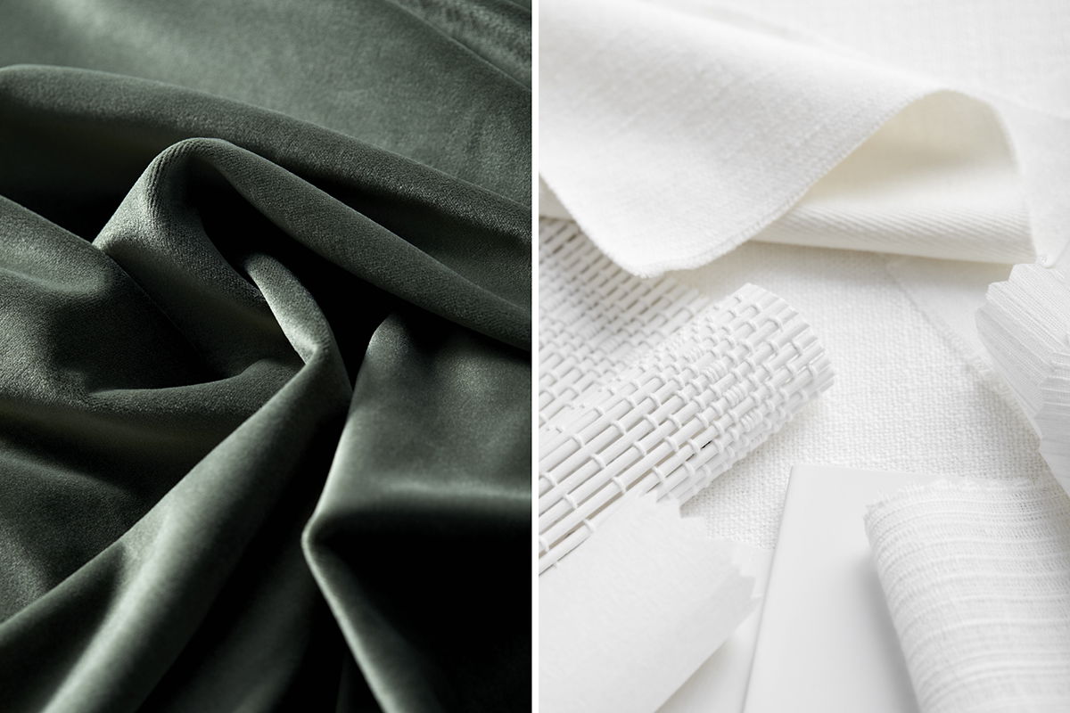 Holiday-inspired fabric samples in velvet classic and evergreen.