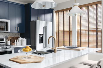 Airewood Maple faux wood blinds, offering a stylish wood look with durability and excellent light control.