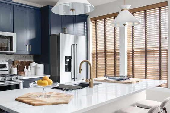 Airewood Maple faux wood window blinds, offering a stylish wood look with durability and excellent light control.