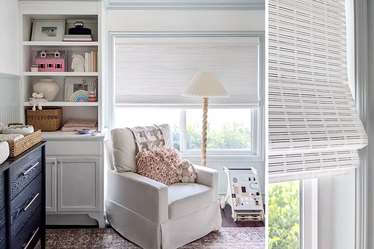 Catalina sea salt white woven shades in a nursery