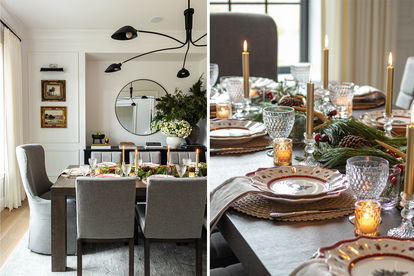 A festive dining room with drapery and close up on a holiday table.