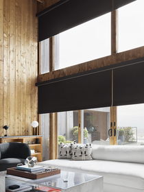 Modern roller shades in a living room, offering sleek design, light control, and privacy for contemporary homes