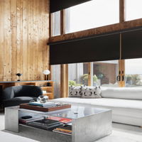 Modern roller shades in a living room, offering sleek design, light control, and privacy for contemporary homes