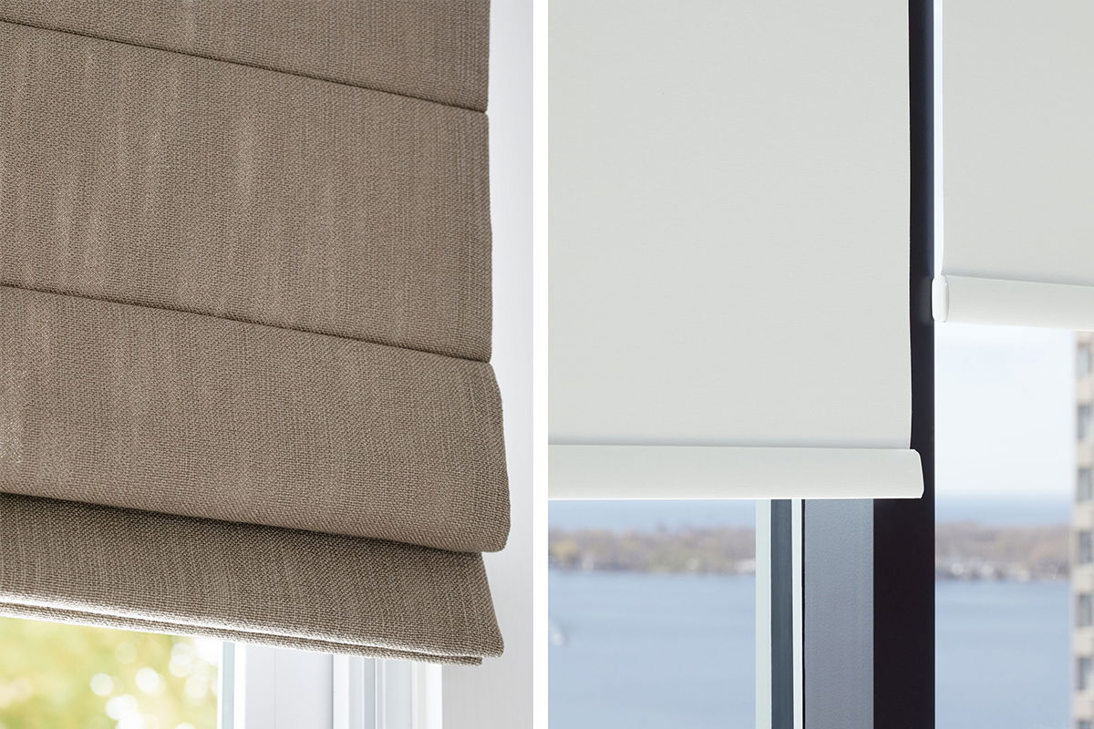 Side-by-side images of a roman shade next to a roller shade illustrate the structural and design differences.