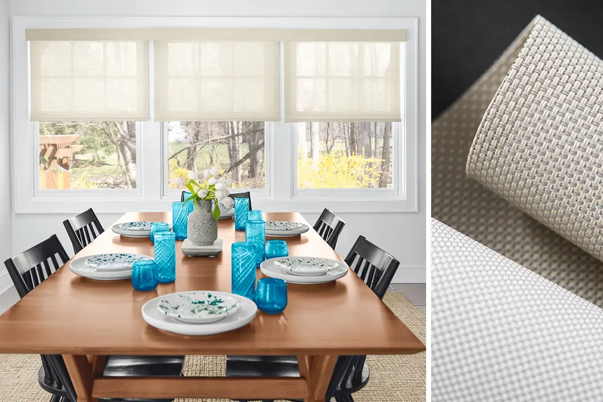 Cream-colored solar shades in a modern dining 